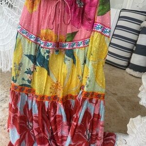 Farm Rio Floral Tiered Maxi Skirt in Pink, Yellow & Red